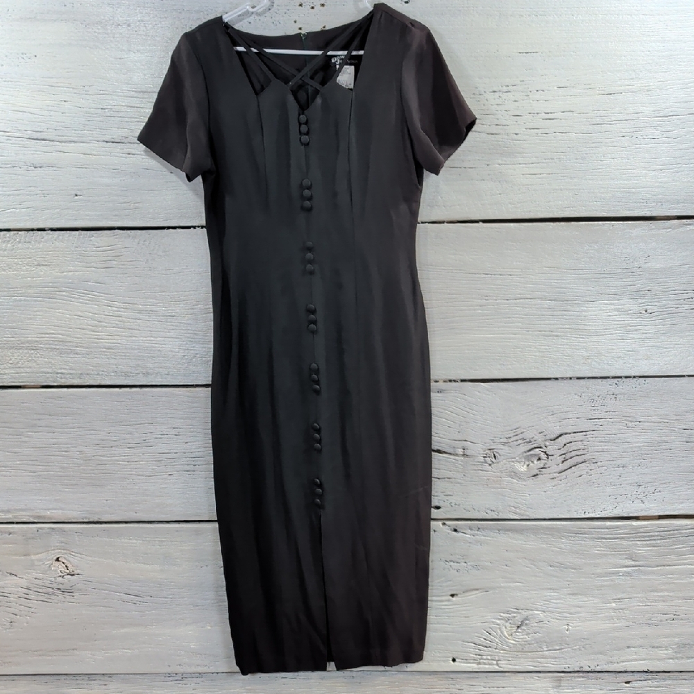 Vintage Dawn Joy Fashions Black Midi Dress Size 10 USA Made Button Front
